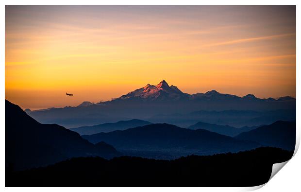 Shining Mount Manaslu range and landing airplane at Kathmandu, Nepal  Print by Ambir Tolang