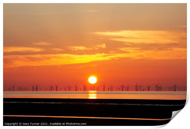 Talacre Wind Farm Sunset Print by Gary Turner