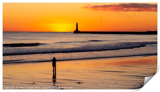 Photographer and sunrise at Roker Pier, Sunderland Print by Gary Turner