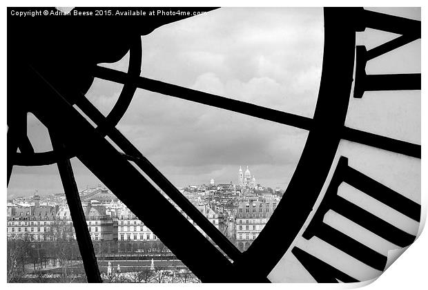  Paris through the clock window of the Musee d'Ors Print by Adrian Beese