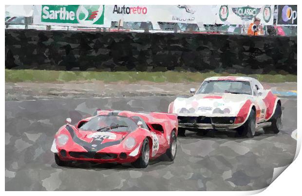 Lola and Corvette racing at Le Mans Print by Adrian Beese