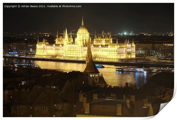 Hungarian Parliament lit up at night  Print by Adrian Beese