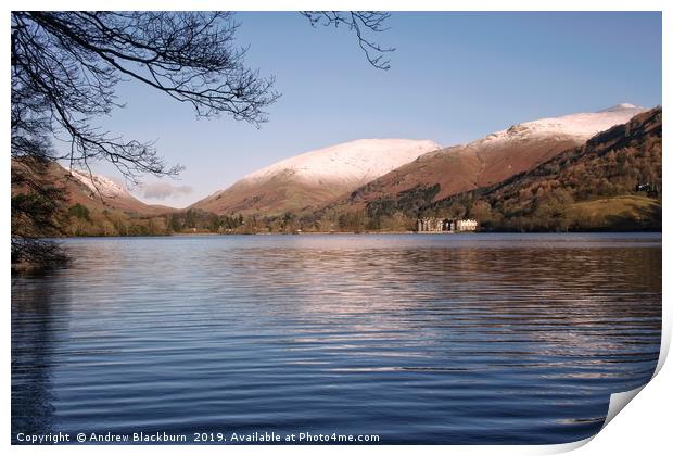 Grasmere with snow capped fells in the background. Print by Andy Blackburn