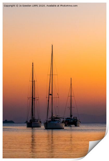Three Boats at Sunset, Paros Print by Jo Sowden
