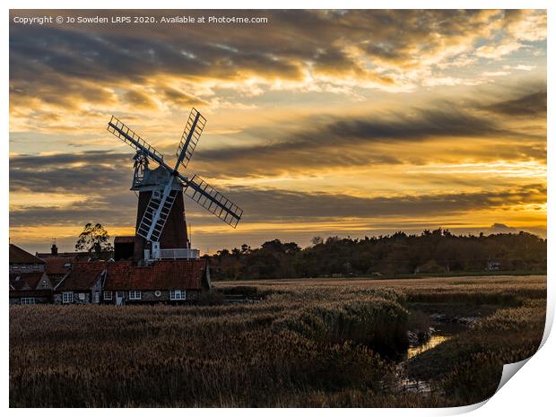Sunset at Cley Windmill, Norfolk Print by Jo Sowden
