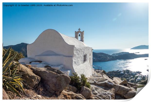 Greek Church overlooking the sea, Ios Print by Jo Sowden