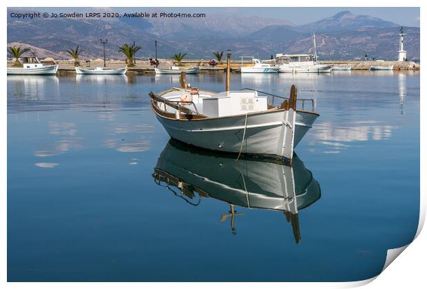 Reflections of Greek Boat, Nafplio Print by Jo Sowden