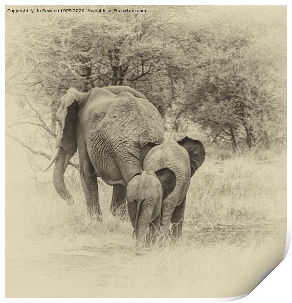 Elephant Family walking away, Serengeti  Print by Jo Sowden