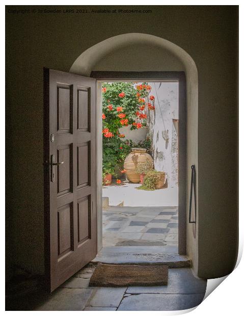 Through the Greek door, Naxos Print by Jo Sowden