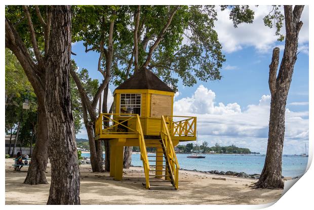 Life guard tower on the Beach, Barbados Print by Jo Sowden