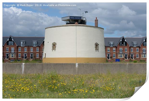 Martello tower at Felixstowe with houses behind Print by Mark Roper
