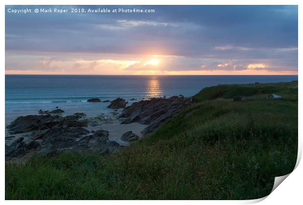 Fistral Beach, Newquay - Sunset With Rocks Print by Mark Roper