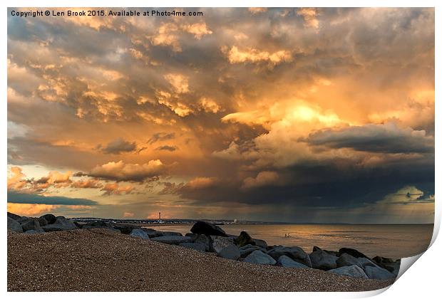 Lancing Beach with dramatic clouds Print by Len Brook