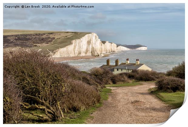Seven Sisters and the Coastguard Cottages Print by Len Brook