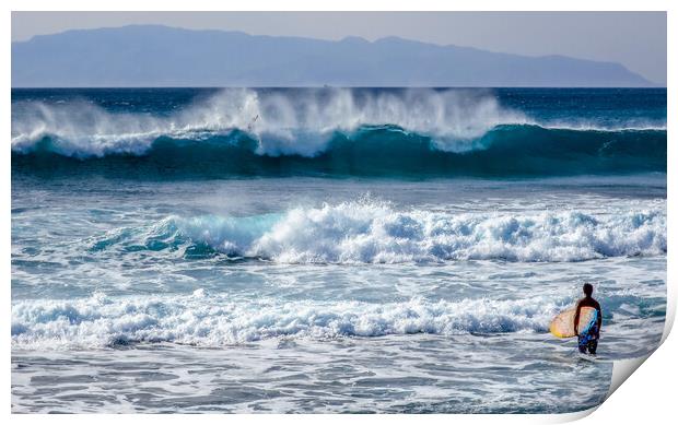 surfer looking at large waves Print by tim miller