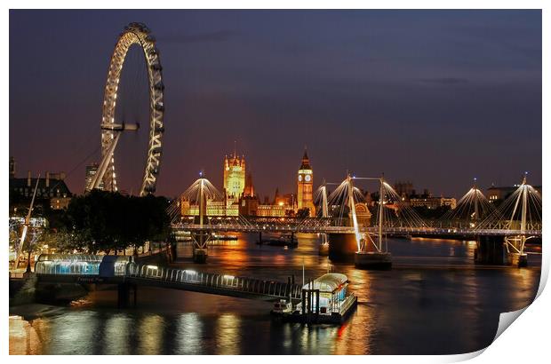 River Thames at night looking towards big ben and houses of parliament  Print by tim miller