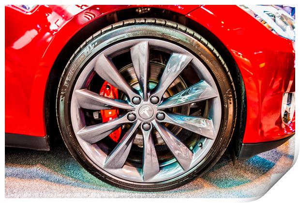 Close up photo of a Tesla electric car alloy wheel Print by Naylor's Photography