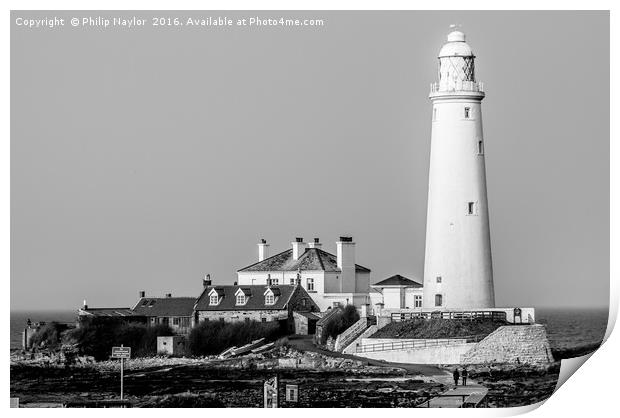  St Marys Island and Lighthouse in Mono Print by Naylor's Photography