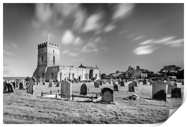 Pretty church of St Aidans in Bamburgh in Mono Print by Naylor's Photography