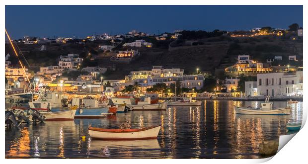 Fishing boats at night in Mykonos town Print by Naylor's Photography