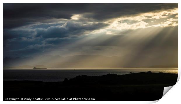 Ship in the sunrays Print by Andy Beattie