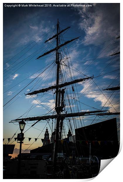 Tallship and Liverpool Print by Mark  Whitehead