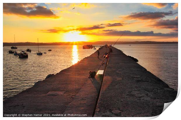 Breakwater Angling at Sunset Print by Stephen Hamer