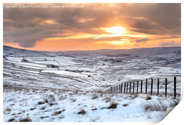 Winter Sunrise over Harwood in Teesdale, County Durham, UK Print by David Forster