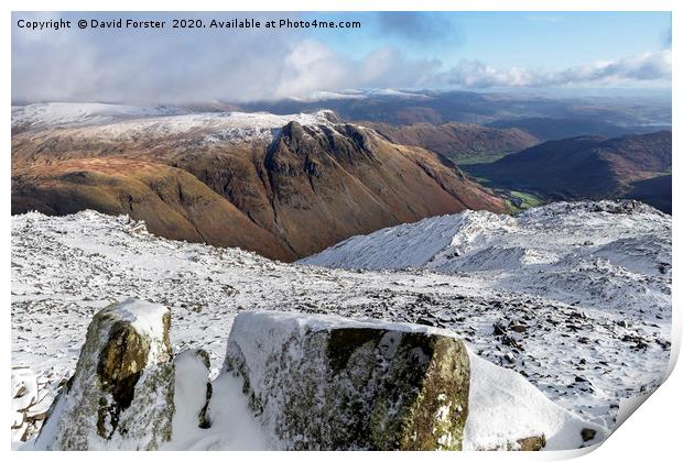 The Langdale Pikes from Bowfell in Winter, Lake Di Print by David Forster