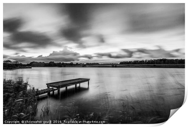 Black and white jetty at lake Print by christopher gould