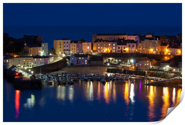 Tenby Harbour At Night Print by Michael South Photography