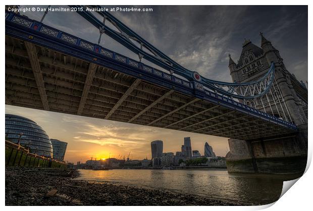  London skyline from under Tower Bridge at sunset Print by Dan Hamilton