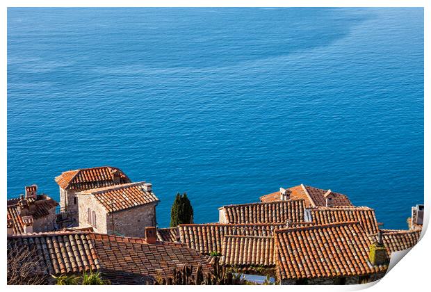 Eze Village Houses And Big Blue Of Mediterranean Sea Print by Artur Bogacki