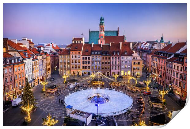 Old Town Square With Ice Rink In Warsaw  Print by Artur Bogacki