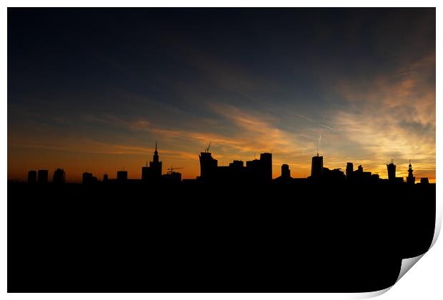 Warsaw Skyline Silhouette At Sunset Print by Artur Bogacki
