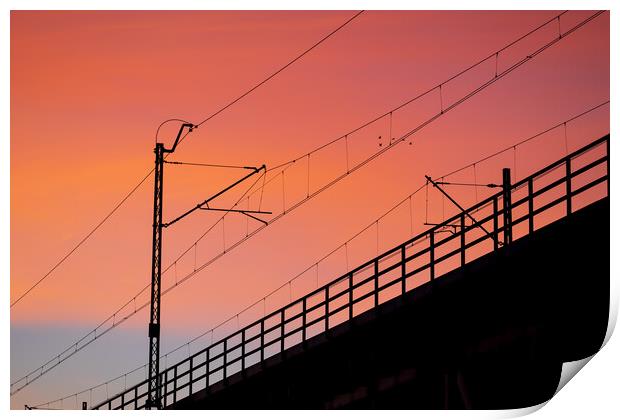 Railway Bridge Electric Traction Sunset Silhouette Print by Artur Bogacki