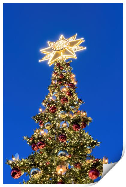 Christmas Tree With Bethlehem Star At Night Print by Artur Bogacki