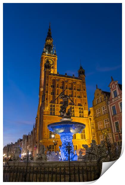 Neptune Fountain And Town Hall At Night In Gdansk Print by Artur Bogacki