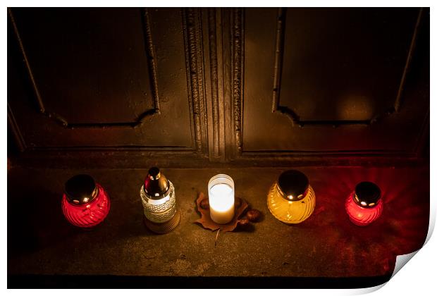 Cemetery Candle Lights At The Old Tomb Doors Print by Artur Bogacki