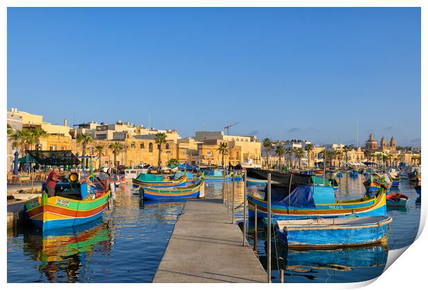 Boats in Marsaxlokk Fishing Village Port in Malta Print by Artur Bogacki
