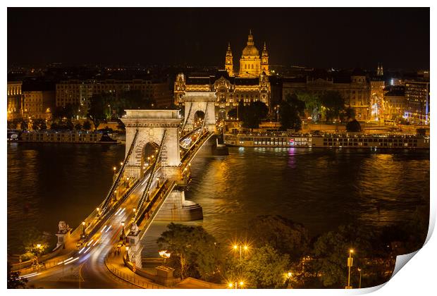 Szechenyi Chain Bridge in Budapest by Night Print by Artur Bogacki