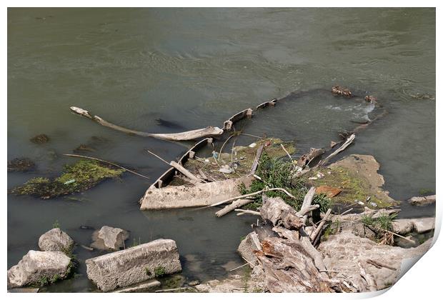 Boat Wreck In River Print by Artur Bogacki