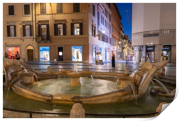 Barcaccia Fountain in Rome at Night Print by Artur Bogacki
