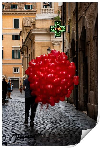 Men With Red Balloons On Cobblestone Street Print by Artur Bogacki