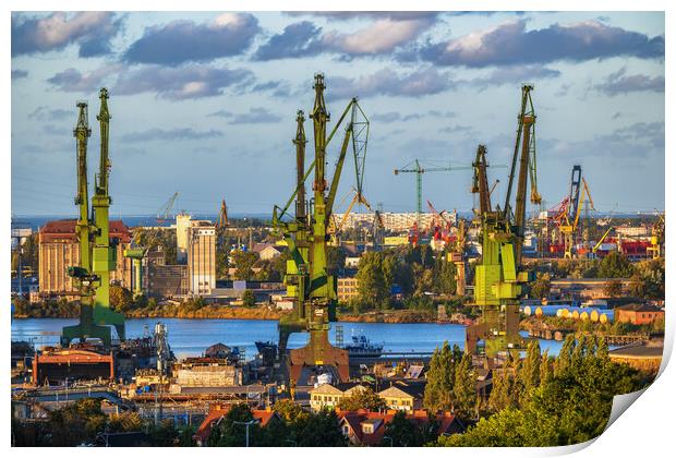 Gdansk Shipyard Cranes At Sunset In Poland Print by Artur Bogacki