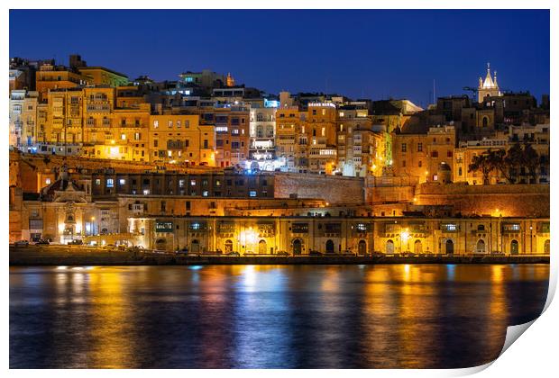 Valletta City Skyline At Night In Malta Print by Artur Bogacki