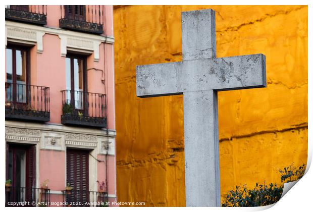 Cross in City of Madrid Print by Artur Bogacki