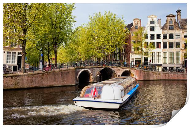 Canal Boat in Amsterdam Print by Artur Bogacki