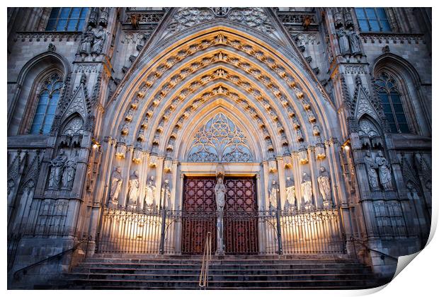 Entrance to Barcelona Cathedral at Night Print by Artur Bogacki