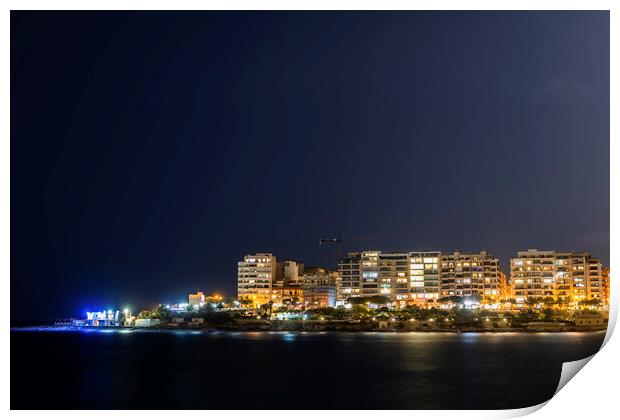 Sliema Town Skyline At Night In Malta Print by Artur Bogacki